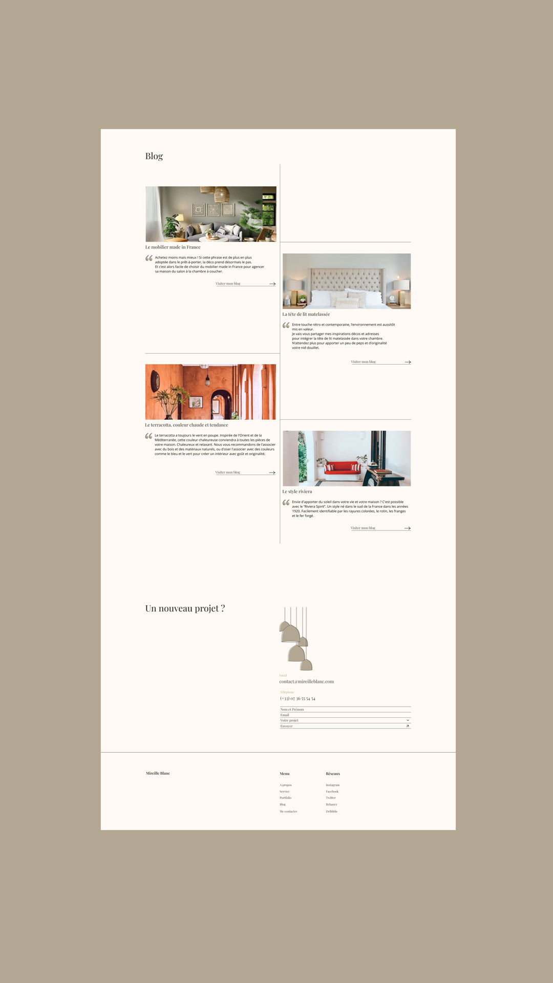 Blog et prise de contact. Conception site Mireille Blanc, décoratrice d'intérieur. Version Mobile