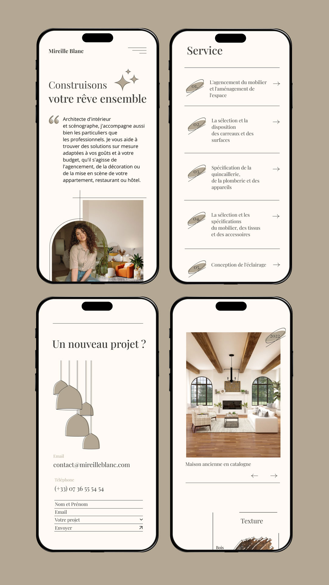 Présentation de la maquette du site de Mireille Blanc, décoratrice d'intérieur, sur Iphone. (Version mobile)